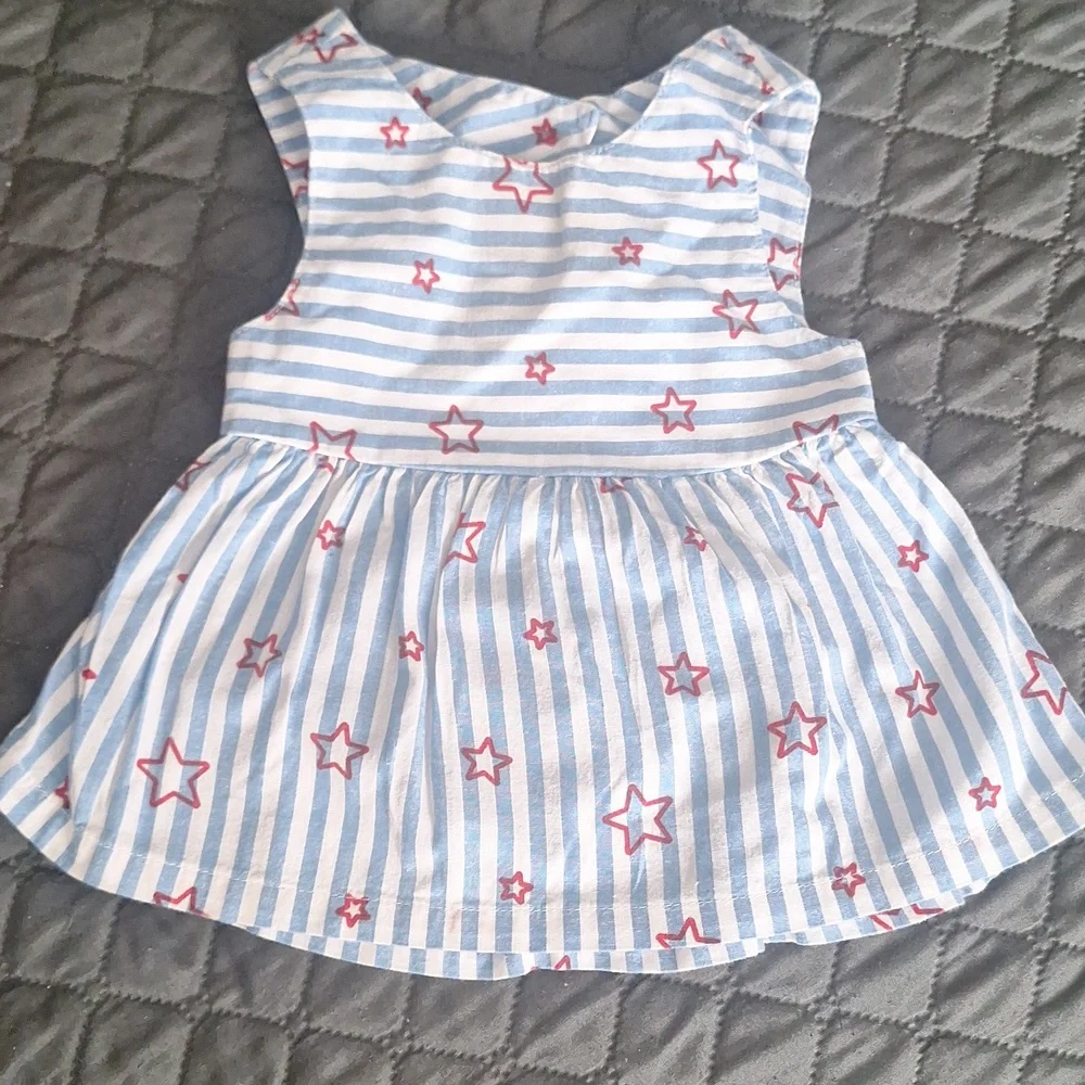 Striped Blue and Red Star Dress with Bloomers, size 6-9 months